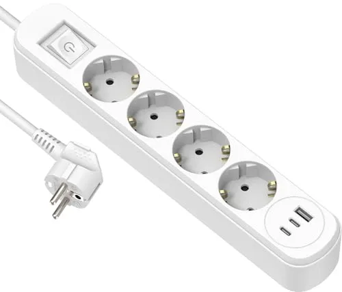 Electraline 62520 Steckdosenleiste 4-Fach Schuko 16A + 3 USB (1 USB A + 2 USB C PD20W) mit Schalter, Kabel 1.5M, Mehrfachsteckdose/Tischsteckdose Steckerleiste