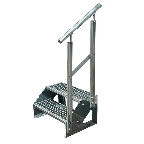 Kaminbau Mierzwa Premium Treppe Freistehend 2 Stufen Geländer Rechts (Breite 1000 mm) (Höhe 38cm) Wetterfest Gitterroststufe Gartentreppe
