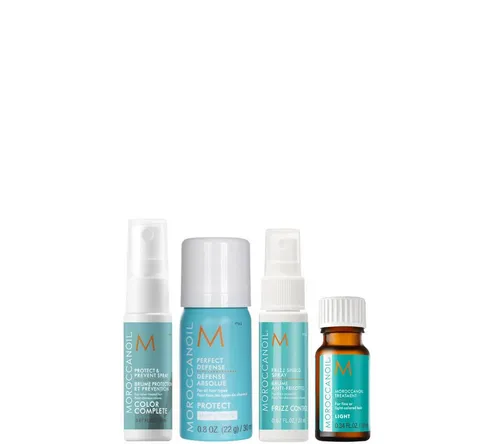 Moroccanoil Haarpflege-Set Style & Protect Travel Set – 4-tlg. für unterwegs - Luxuriöse Haarpflege im praktischen Mini-Format – ideal für Reisen! Mit Hitzeschutz, Farbpflege und Anti-Frizz für glänzendes Haar. Perfekt für gefärbtes oder feines Haar – immer griffbereit!