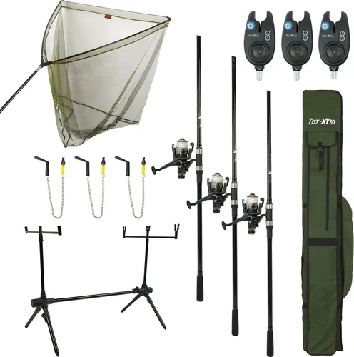 FISH-XPRO - Karpfenset -Improve Deluxe - 3 komplette Ruten - Karpfennetz - Rod Pod - Bissanzeiger