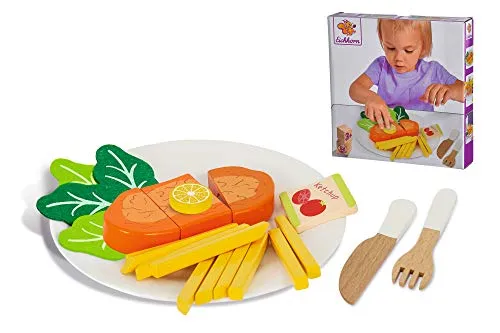 Eichhorn - Schnitzelset mit Teller und Zubehör, 3 teiliges Schnitzel mit Zitrone, Pommes und Ketchup aus Holz, Salat aus Filz, Teller aus Kunststoff, 22 teilig, ab DREI Jahren