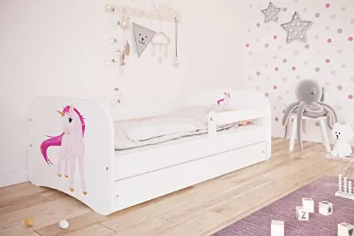 Bjird Kinderbett Jugendbett 70x140 80x160 80x180 cm Weiß mit Rausfallschutz Schublade und Lattenrost Kinderbetten für Mädchen und Junge - Einhorn 140 cm