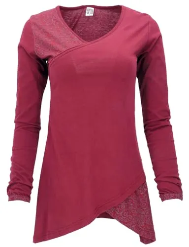 GURU SHOP Hippie Minikleid Boho Chic - Bordeaux, Damen, Baumwolle, Size:L - Freizeitkleid im Boho-Stil mit Wickeloptik und dezentem Druck, ideal für lässige Anlässe und bequem aus Baumwolle.