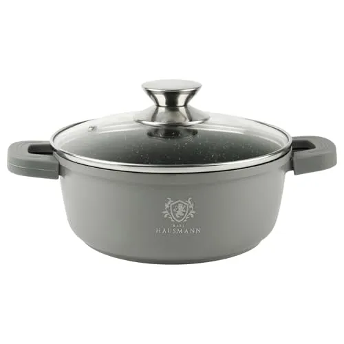 KARL HAUSMANN Topf Antihaftbeschichtet mit Deckel - 2.3 Liter - Ø 20 cm - Rund Aluguss Kochtopf beschichtet Für alle Herdarten auch Induktion - Grau Suppentopf - Non Stick Cooking Pot - Bratentopf