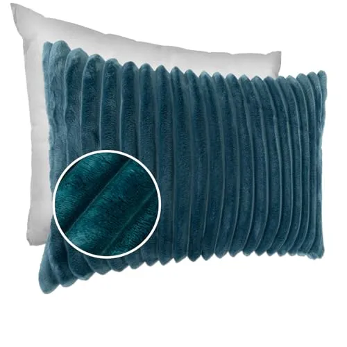 Dekokissen Kissenbezug Sofakissen Pillow Plüsch Kuschelkissen Zierkissen Cord Kissen Couchkissen Kord Kissenhülle ultraweich gestreift Lilli 30x50cm mit Füllung Türkis