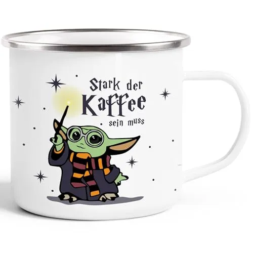 Produktbild MoonWorks® Emaille-Tasse Baby-Yoda Spruch lustig Stark der Kaffee sein muss Geschenk Kaffeeliebhaber Bürotasse Emaille-weiss-silber standard