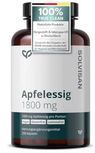 SOLVISAN - Apfelessig Kapseln - 1.800 mg pro Tagesdosis - 200 Kapseln - In Deutschland produziert - Vegan, Laborgeprüft und ohne Zusatzstoffe