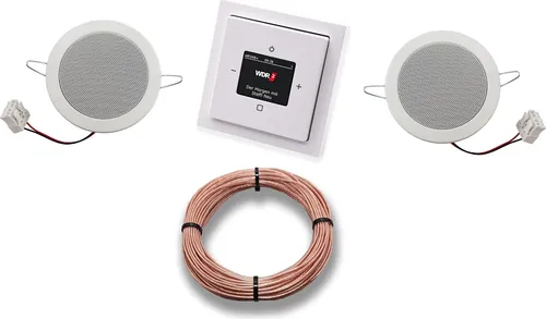 Busch Jäger DAB+ Unterputz Unterputzradio DAB PLUS RADIO 8215 U – 101 Studioweiß Komplett-Set FUTURE LINEAR + 2 x Deckenlautsprecher/Einbaulautsprecher + 20 m Lautsprecherkabel 2x0,75 mm² 8215U-101