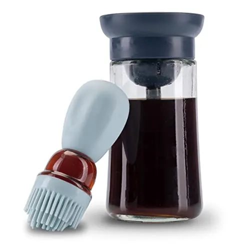 Fino Casa 2in1 Ölflasche mit Pinsel Ölspender Ölsprüher mit Silikonpinsel Glasflasche zum befüllen mit 180ml Öl oder Essig mit Backpinsel (Hell-/Dunkelblau)