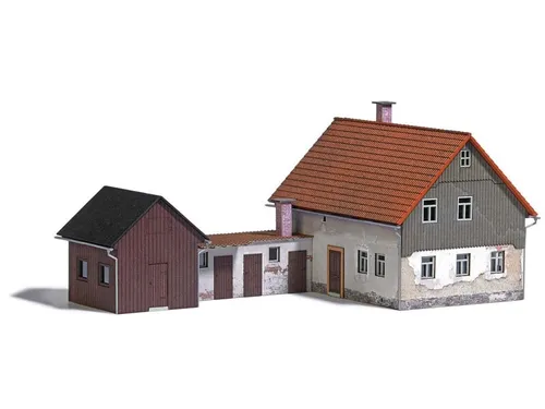 Busch 1909 H0 Wohnhaus mit Anbau - Detailgetreues Modell eines alten Wohnhauses, hochwertig aus echtem Holz und in realistischer 3D-Optik, ideal für Modellbahnanlagen und Sammler.