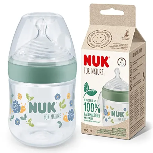 NUK for Nature Babyflaschen | Kleiner Trinksauger | 150 ml | Der Mutterbrust nachempfundener Anti-Colic Trinksauger aus Silikon | Temperature Control | Nachhaltige und BPA-freie Materialien | Grün