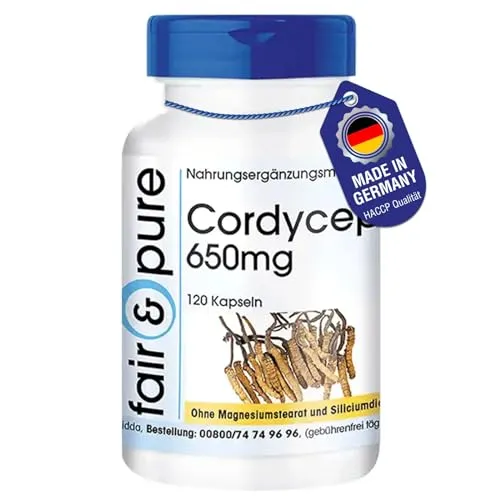 Fair & Pure Cordyceps 650mg, 120 Kapseln, Cordyceps Sinensis Pulver, veganes Nahrungsergänzungsmittel ohne Zusätze, in Deutschland hergestellt