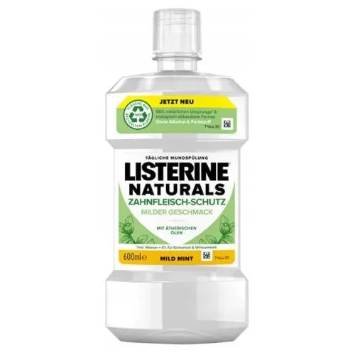 Listerine Naturals Mild Mint Mundspülung 600 ml - Mundspülung mit mildem Minzgeschmack für frischen Atem und gesunde Zähne, ideal für die tägliche Mundpflege.