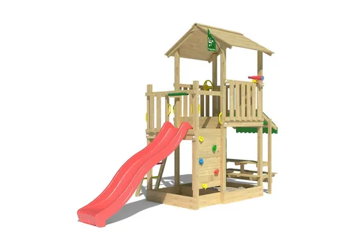 Jungle Gym Spielturm Keep mit Mini Market und Wellenrutsche - Multifunktionaler Spielturm für Kinder mit Kletterwand, Sandkasten und Wasseranschluss. Fördert Kreativität und Motorik in sicherer Gartenumgebung. Schneller Aufbau dank mitgelieferter Werkzeuge.