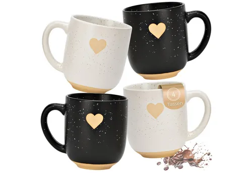 matches21 HOME & HOBBY Tasse Kaffeetassen 4er Set in Schwarz & Weiß mit Goldherz, 4-tlg., Keramik, Steingut-Tassen im Landhausstil 300 ml