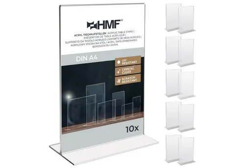 HMF Bilderrahmen Acryl Tischaufsteller DIN A4, Doppelseitiger, für 1 Bilder (10 St), T-Ständer Aufsteller 10 Stück Hochformat Glasklar