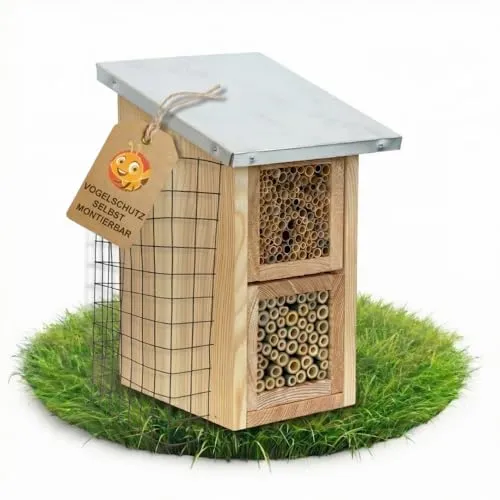BEESI Insektenhotel XXL mit Metalldach und Vogelschutz-Gitter