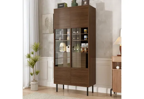 MODFU Vitrine Sideboard 120x180x40 cm mit Glasvitrine und Schubladen (Packung, 1-St., 2 Glasfront, Etagenregal, 4 versteckte Schublad) Glasfront, Etagenregal,versteckte Schublade