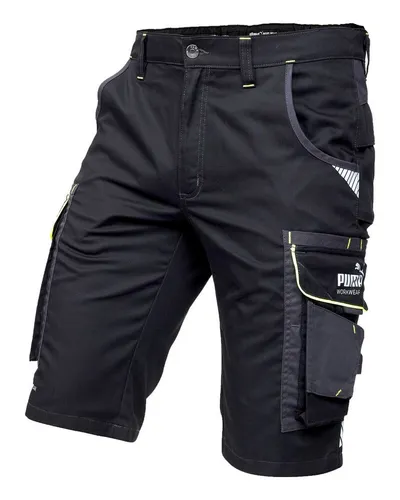 PUMA Workwear Precision X - Kurze Arbeitshose Herren - Robuste & Flexible Shorts mit vielen Taschen - Schwarz/Neon - Gr. 54 - Praktische Arbeitsshorts mit 5 großen Taschen für Werkzeug und Handy. Das spezielle Mischgewebe sorgt für hohen Tragekomfort und Flexibilität bei der Arbeit. Ideal für Handwerk und Baugewerbe.