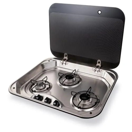 Carbest Gaskochfeld 3-flammig - Kochfeld für Einbau in Camper, mit 3 Gasbrennern und Zündsicherung für Sicherheit. Hochwertiges Edelstahl und Glasabdeckung bieten Langlebigkeit und zusätzliche Arbeitsfläche.