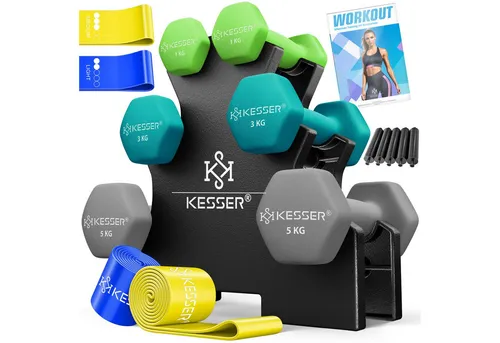 KESSER® Hantel-Set mit Ständer, 1kg - 5kg, 12kg oder 18kg - Hanteln & Gewichte: 6er Set mit ergonomischen Griffen, rutschfester Neopren-Oberfläche, platzsparendem Ständer und Fitnessbändern – perfekt für effektives Krafttraining zu Hause.