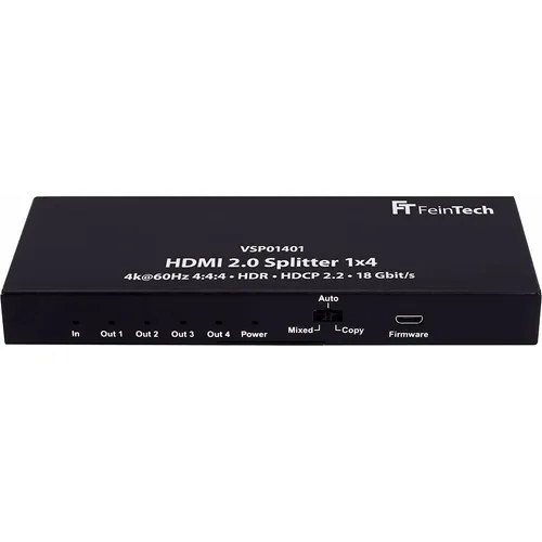 FeinTech VSP01401 HDMI 2.0 Splitter 1 auf 4 Verteiler - Audio & Video Verteilerkästen, verteilt eine HDMI-Quelle auf 4 Displays mit Unterstützung für Ultra-HD 4K und HDR, ideal für Heimkinos und professionelle Anwendungen.