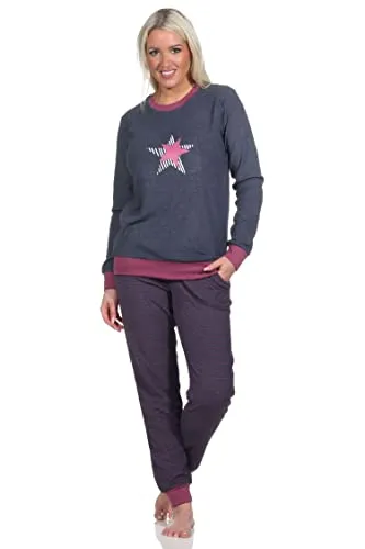 Normann Damen Frottee Pyjama mit Sternen-Motiv - Gestreifte Hose, Größe: 60/62, Farbe: Marine - Dieser Damen Frottee Schlafanzug vereint Komfort und Stil mit einem hübschen Sterne-Design. Die bequeme Passform und die Bündchen sorgen für einen entspannten Schlaf und ein Wohlfühl-Erlebnis.