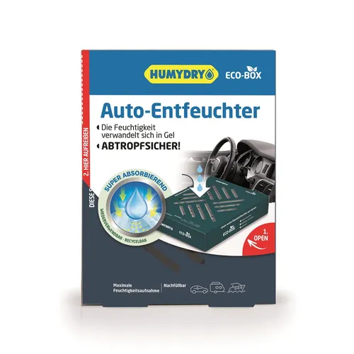 HUMYDRY® Raumentfeuchter Ecobox Auto 200g - Effiziente Entfeuchtung für Ihr Fahrzeug - Luftentfeuchter für Autos, hergestellt aus umweltfreundlicher Pappe, sorgt für ein trockenes und angenehmes Raumklima im Fahrzeug.