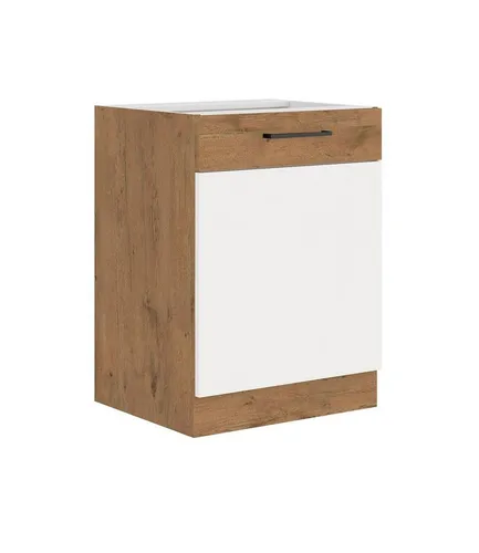 Küchen-Preisbombe Unterschrank 60 cm Vigo Hochglanz Weiß Eiche Lancelot - Unterschrank 60 cm für die VIGO Küchenzeile, mit dämpfenden Scharnieren für leises Schließen und modernem Design in Hochglanz Weiß und Eiche Lancelot.