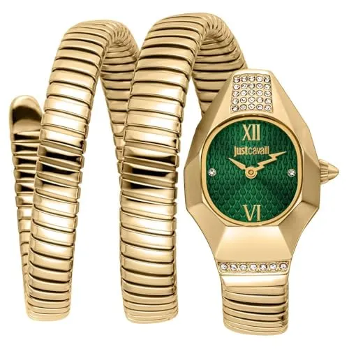 Just Cavalli Damenuhr - Signature Snake, Gold und Dunkelgrün - Moderne Damenuhr mit analoger Anzeige, Quarzwerk und elegantem ovalen Design. Gehäuse aus poliertem Edelstahl, 3 Bar wasserdicht und ideal für jeden Anlass.