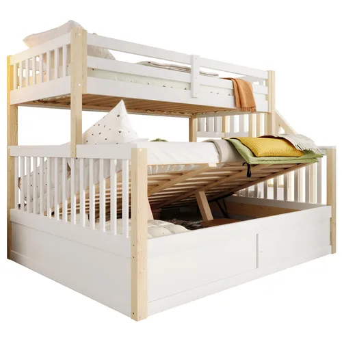 Etagenbett mit Stauraum und Rausfallschutz, 90x200cm/140x200cm - Praktisches Etagenbett für zwei Kinder mit zwei Liegeflächen und hochklappbarem Stauraum. Stabil und sicher mit Rundum-Absturzschutz, ideal für kreative Schlaflösungen.