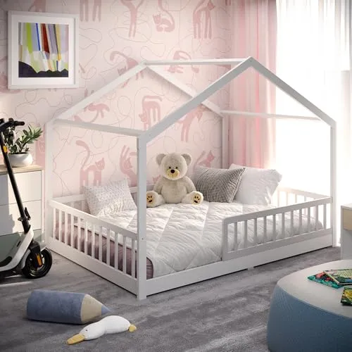 CADANI Kinderbett Malte - Weißes Hausbett mit abnehmbarem Rausfallschutz - Skandinavisches Bodenbett für Kinder, belastbar bis 200 kg, inklusive Roll-Lattenrost und 3 Aufbauvarianten. Sicher und pflegeleicht mit kinderfreundlichen Lacken.