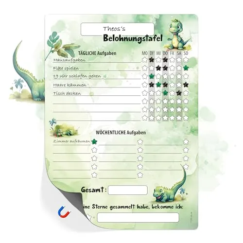 TOBJA Belohnungstafel Kinder A4 magnetisch - Spielerisches Töpfchentraining und Alltagsroutinen mit Einhorn, Dino oder Waldtiere Design - Für strahlende Kinder und entspannte Eltern (Dino)