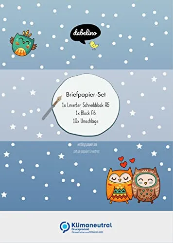 Eulen-Briefpapier-Set für Kinder: 25 Blatt Format DIN A5, liniert + 10 Briefumschläge (Mädchen od. Jungen, blau, orange, grün)