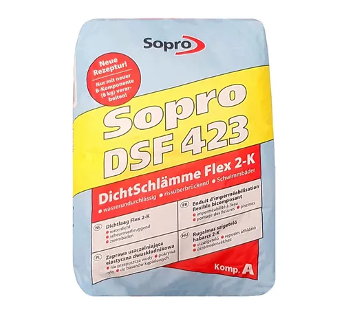 SOPRO DSF 423 DichtSchlämme Flex 2-K komp.A Abdichtung 24 KG - Dichtmaterialien mit hervorragender Flexibilität, ideal für dauerhafte Abdichtungen in Feuchträumen und auf Balkonen.