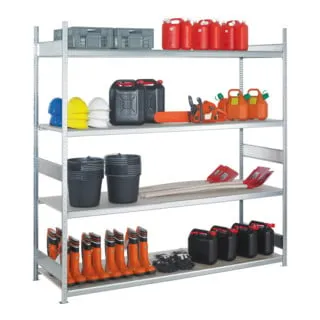 Weitspannregal GR 2000 x 1500 x 400mm - Werkstatteinrichtung mit robusten Stahlböden, ideal für die optimale Lagerung von Werkzeugen und Materialien in Werkstätten oder Garagen.