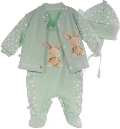 La Bortini Strampler Baby Set in Mintgrün - Erstlingsausstattung aus 100% atmungsaktiver Baumwolle, ideal für Komfort und Stil, Größen 68-74, mit niedlichem Hasenmotiv.