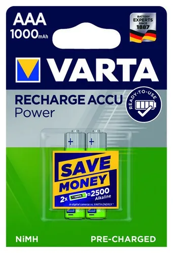 VARTA Recharge Accu Power AAA Batterien - 2 Stück, 1000 mAh Ni-MH, vorab geladen, ideal für MP3-Player und umweltfreundlich