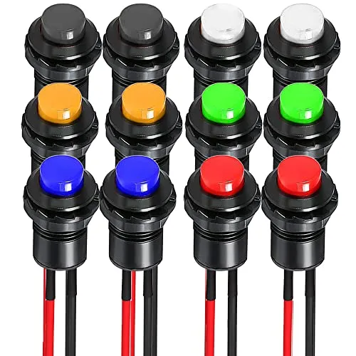 Gebildet 12pcs 12mm Vorverkabelt Momentan Druckknopf,SPST EIN-AUS AC 250V/1.5A 125V/3A,Plastik DIY Taste Mini Drücken Taster für Autotrompete,PC,Haustürklingel