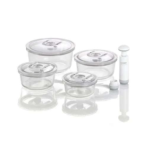 CASO VacuBoxx R-Set - 4 - extrem stabile runde Vakuumbehälter aus Borosilikatglas, BPA-Frei, hitzebeständig, spülmaschinenfest, gefriergeeignet, geschmacksneutral, genaue Datumseinstellung