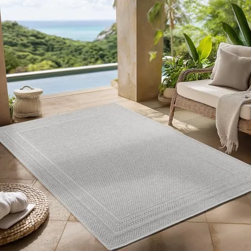 Carpettex Outdoor Teppich wetterfest Grau 240x340 cm, UV-beständig, ideal für Küche, Balkon, Terrasse, Garten auch Wohnzimmer und Esszimmer, Einfarbiges Design mit Bordüre, Pflegeleicht