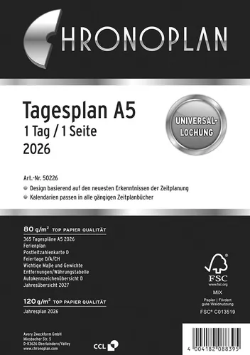 CHRONOPLAN Kalendereinlage 2026 Tagesplan A5 - Einlagen für A5 Kalender, 1 Tag pro Seite, inklusive Jahresplan und Feiertagsübersicht für optimale Zeitplanung.
