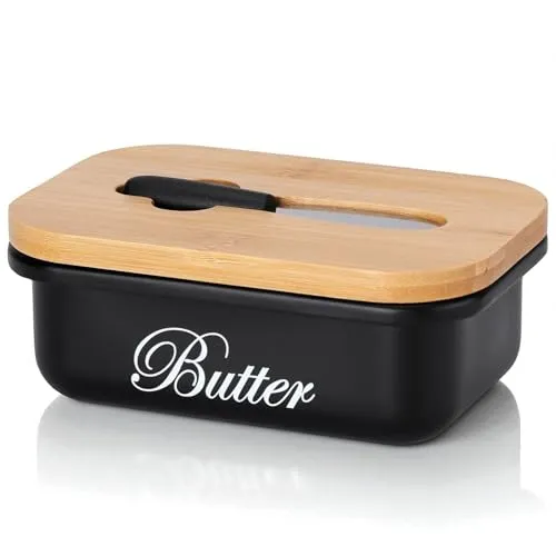 EliteHoff Butterdose mit Holzdeckel, Butterbox Edelstahl mit Bambusdeckel und integriertem Buttermesser, Butterglocke Metall mit Messer, kleiner Butterbehälter mit Deckel für 250g Butter, Schwarz