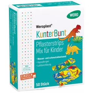 Wero Pflaster KunterBunt Dinosaurier, 50 Strips, wasserfest, sensitiv, atmungsaktiv, zwei Größen