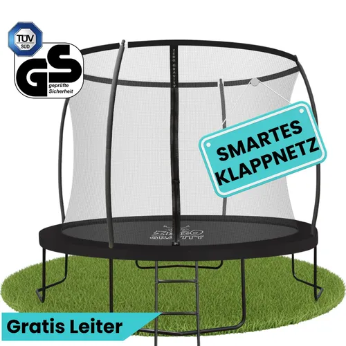 Zero Gravity Trampolin Outdoor Ø 183/244/305/366/427 cm - Ultima 4 Black Edition - TÜV GS geprüftes Gartentrampolin mit sicherem Klappnetz für schnellen Aufbau in 5 Minuten. Ideal für Kinder, mit stabiler Rahmenkonstruktion und langlebigen Ersatzteilen.