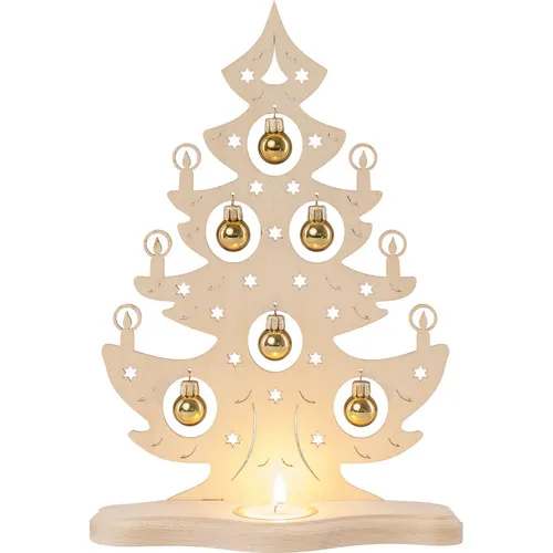 Teelichthalter Weihnachtsbaum mit goldenen Kugeln Weigla - Fensterdekoration aus Holz, stimmungsvolle LED-Beleuchtung schafft festliche Atmosphäre in jedem Raum.