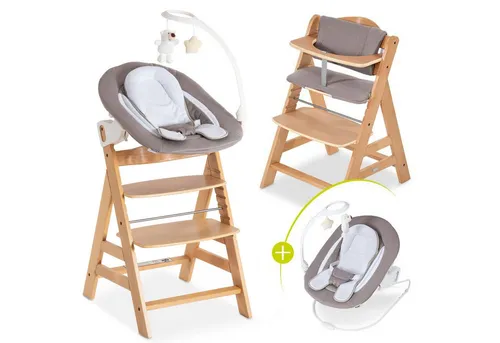 Hauck Hochstuhl Alpha Plus Natur - Newborn Set Deluxe (Set, 4 St), Holz Babystuhl ab Geburt inkl. Aufsatz für Neugeborene & Sitzauflage