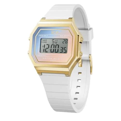 ICE-WATCH Ice Digit Retro White Majestic - Weiße Damenuhr - Armbanduhren für Herren mit Kalenderfunktion, Stoppuhr und Alarm, stilvolles Design mit goldfarbenem Gehäuse und wasserdichtem Silikonarmband.