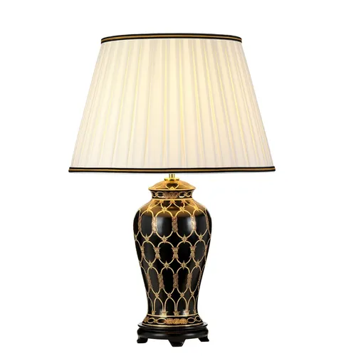 Tischleuchte BEVA Keramik Stoff 68 cm Creme Schwarz Gold E27 - Elegante Tischleuchte für stilvolle Innenräume. Mit einem klassischen Design aus Keramik und Stoff, ideal für Wohnzimmer und Schlafzimmer. E27-Fassung für individuelle Lichtgestaltung.