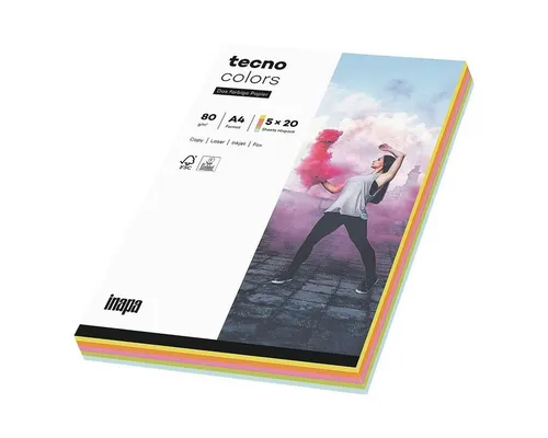 Inapa tecno Druckerpapier Rainbow, Pastellfarben-Mix, Format DIN A4, 80 g/m², 100 Blatt